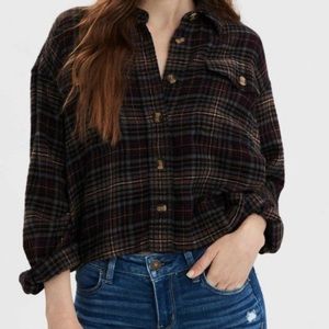 American Eagle Brown Plaid Flannel Cropped Long Sleeved Shirt Size Large